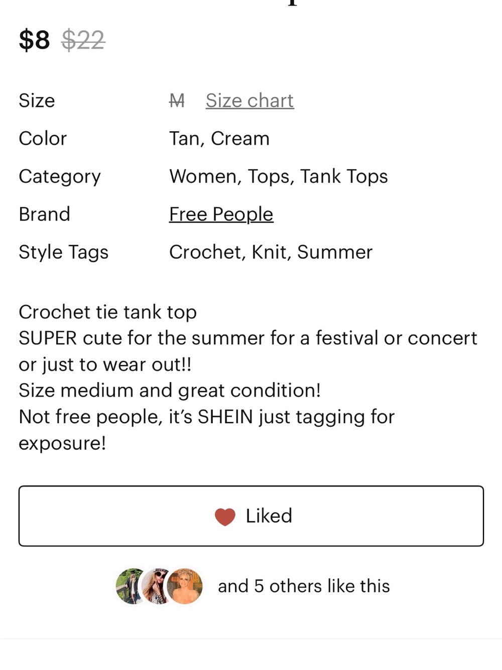 Crochet front tieOpen-Back Halter Top in Light Beige Sz M EUC - Picture 6 of 7